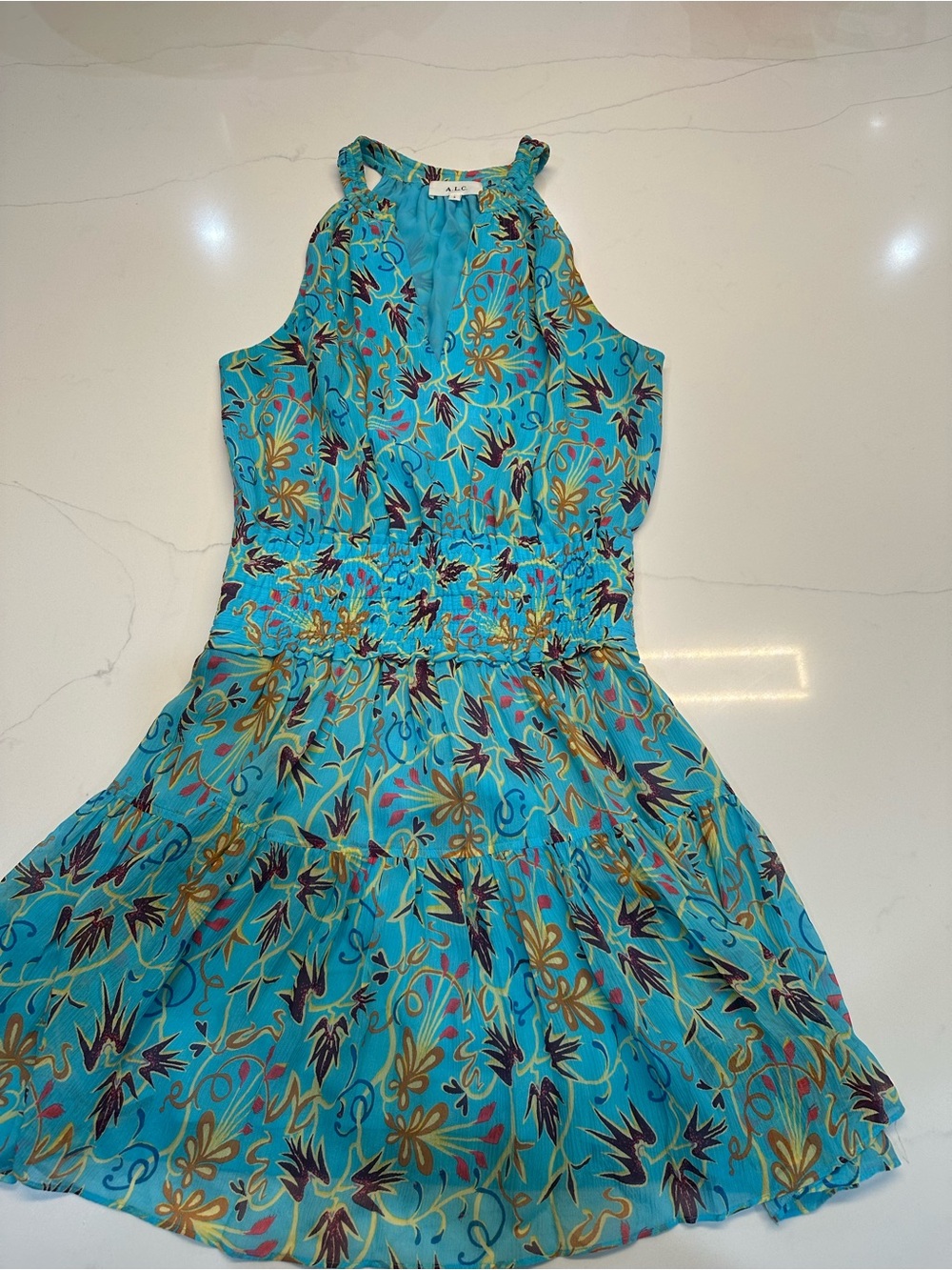 A.L.C. Turquoise Floral Halter Mini Dress